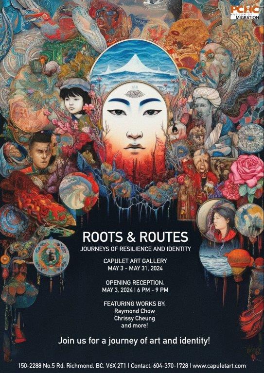 Poster for Roots & Routes: Journeys of Resilience and Identity art exhibition at Capulet Art Gallery, Richmond, BC, featuring dates and participating artists.