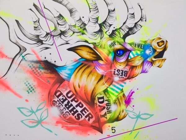 Bush by Taka Sudo – 36x48 inch neon deer urban abstract artwork on wood with resin finish