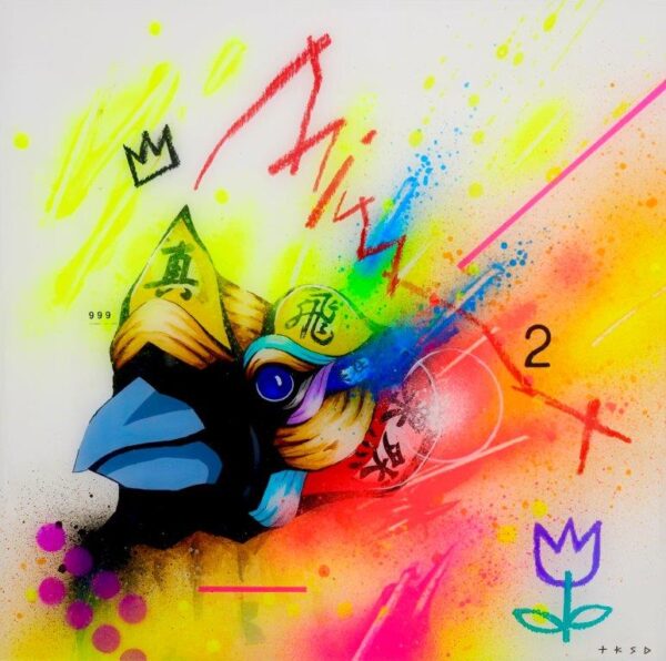 Flight by Taka Sudo – 12x12 inch neon abstract bird painting on canvas in urban contemporary style