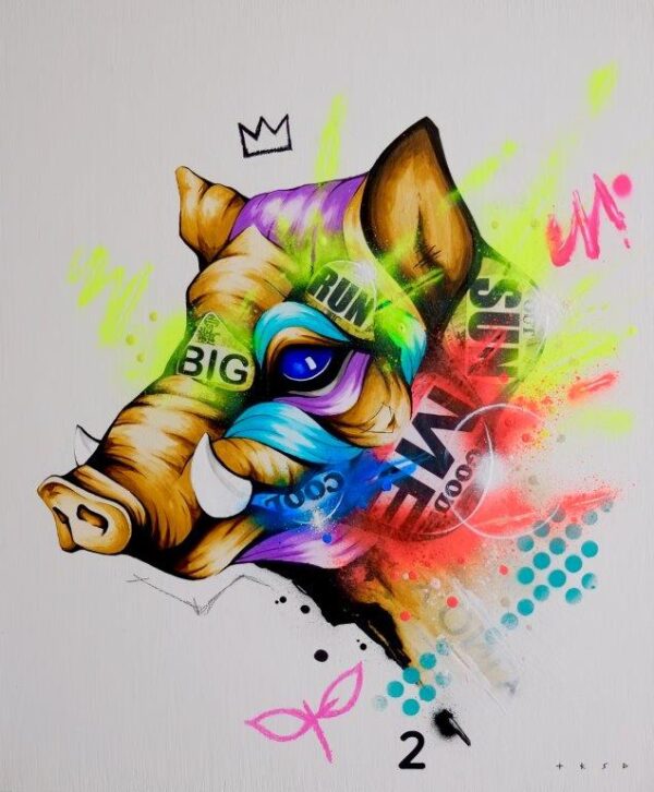 Forward by Taka Sudo – 20x24 inch neon wild boar pop surrealist painting on wood