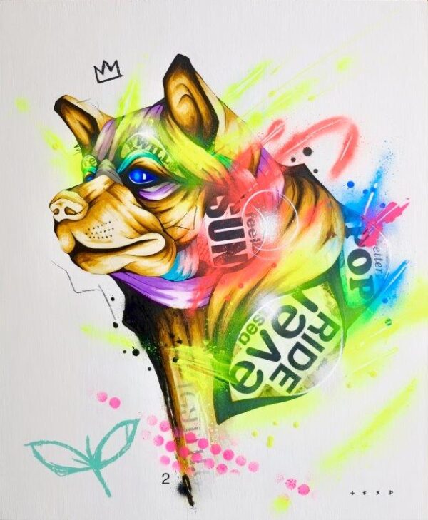 Loyal by Taka Sudo – 20x24 inch neon dog painting in urban pop surrealist style with resin coat finish
