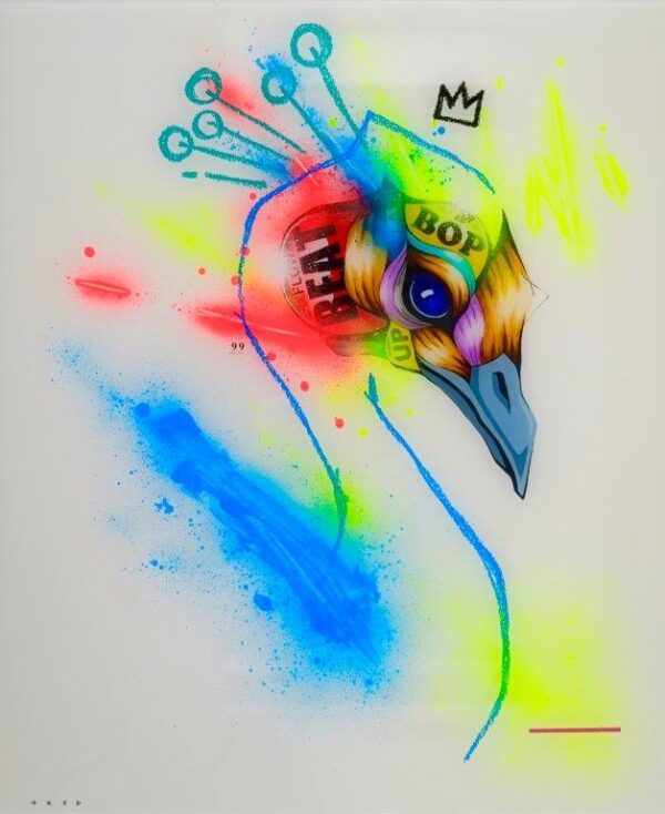 Passage by Taka Sudo – 20x24 inch neon peacock painting with pop surrealist and graffiti-style elements on resin-coated wood