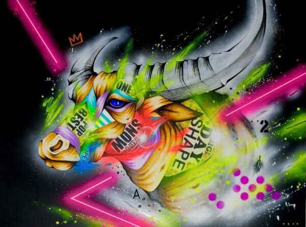 Reboot by Taka Sudo – 36x48 inch neon bull painting on resin-coated wood in urban pop surrealist style