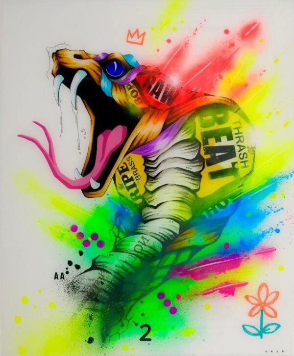 Regenerate by Taka Sudo – 20x24 inch neon cobra snake painting with surreal graffiti text and resin finish