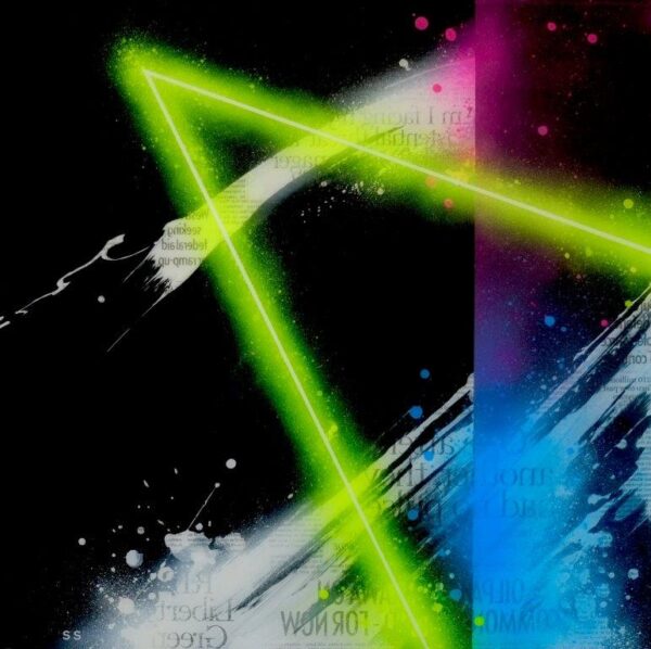 Skewness 2 by Taka Sudo – 18x18 inch abstract triangle painting with neon spray, collage, and resin-coated wood finish