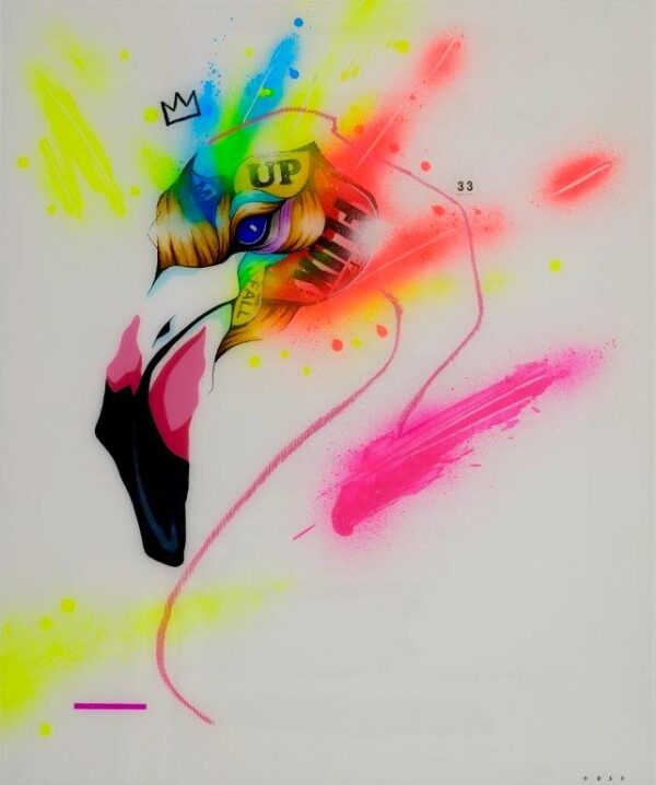 Wade by Taka Sudo – 20x24 inch flamingo painting with neon spray and pop surrealist composition on resin-coated wood
